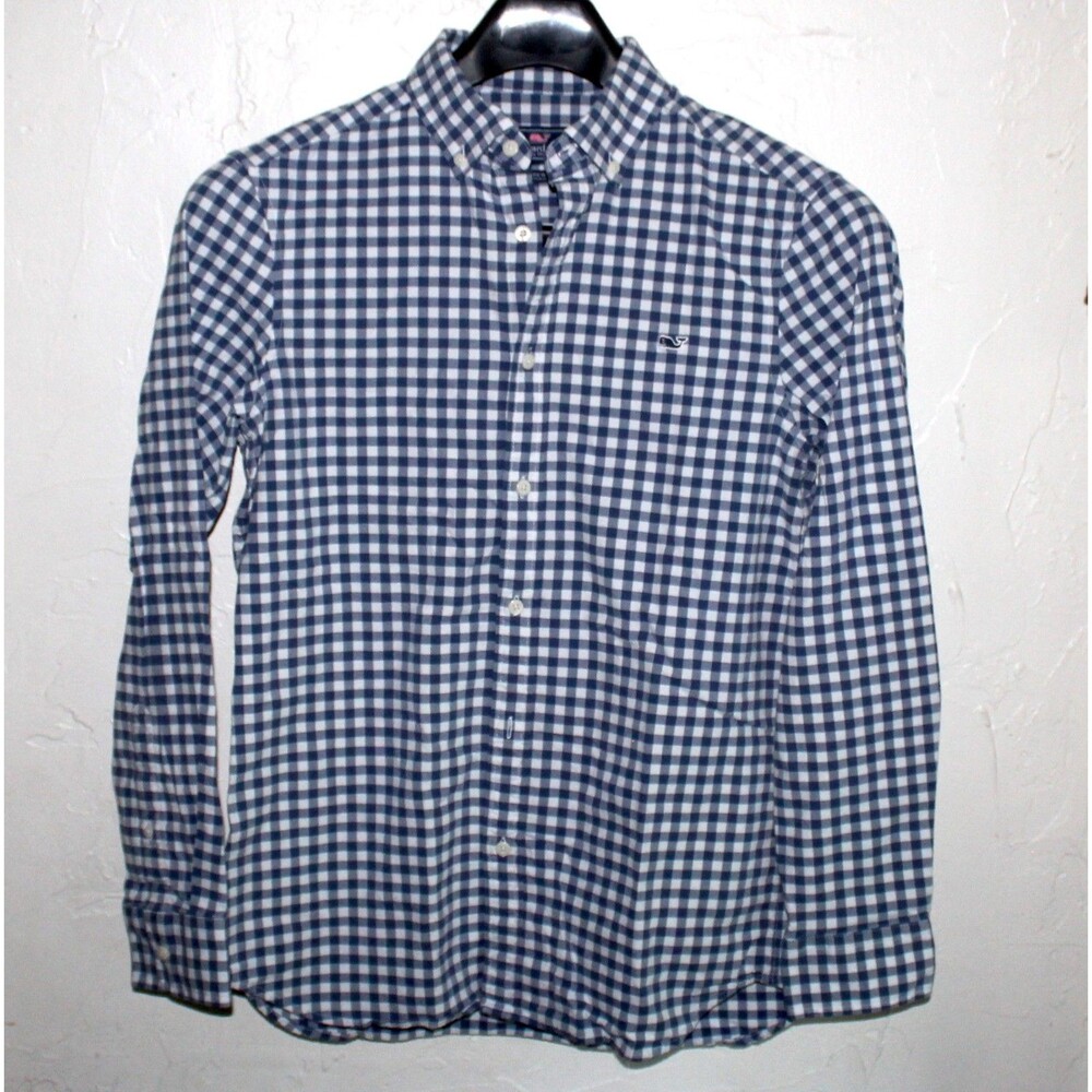 Vineyard Vines Women S long sleeve shirt plaid blue cotton whale logo